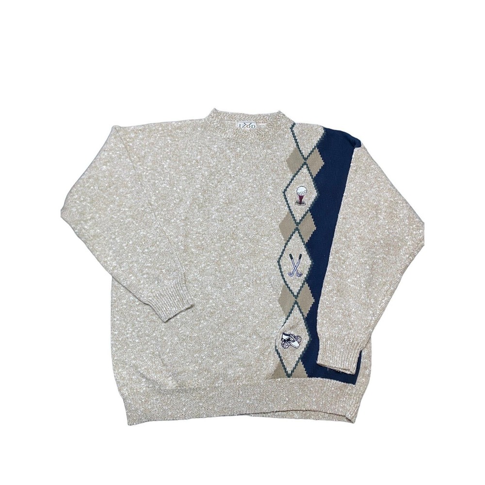 Vintage Izod Cotton Linen Pullover Sweater Golf Golfer Argyle Plaid XL Grandpa